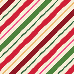 Colorful diagonal stripes vector seamless pattern. Modern playful versatile hand drawn bright wavy stripes repeat design on cream background. Festive, fun geometric tile for fabrics, wrapping, media