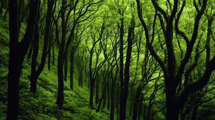 Naklejka premium Lush, verdant forest canopy, descending slopes, and dense tree trunks.