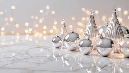 Minimalist Christmas background, white marble surface, transparent glass ornaments, soft golden reflections, gentle bokeh lights in the background