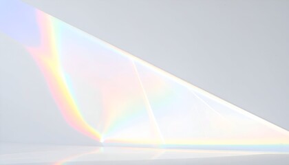 Colorful light refraction against a minimalist white background, geometric and abstract