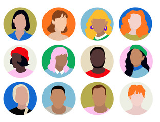 Pack of 12 diverse People, persona set in colors, flat SVG illustration