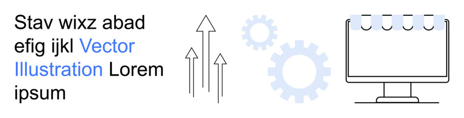 Digital innovation, technology integration, web design, progress, automation, data analysis. Arrows, gear icons monitor text blocks. Digital innovation and technology integration concept