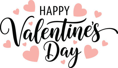Happy valentines day hand lettering with pink hearts isolated on