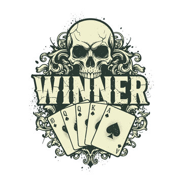 Gambling skull with winner typography and playing cards royal flush vector illustration