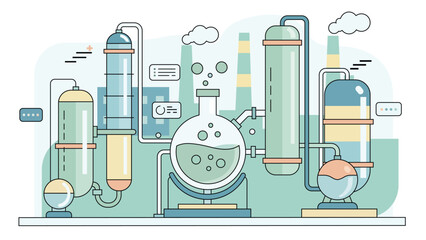 Industrial chemical processing system showing laboratory reactors pipes tanks and columns used in manufacturing research energy and science concepts