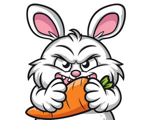 Angry cartoon bunny holding a large orange carrot isolated on transparent background