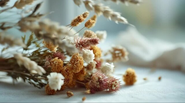 Dried bouquet with cereal and grass on white cloth. Decoration for thanksgiving holiday and celebration.