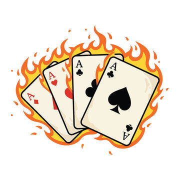 Four ace playing cards burning in hot orange fire flames poker art vector illustration