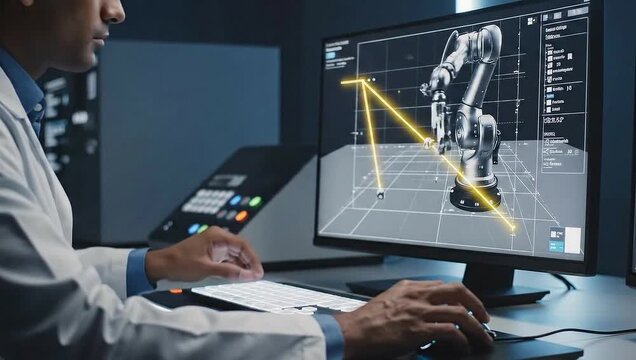 Engineer Designing Robot Arm on Computer Screen in Lab.
