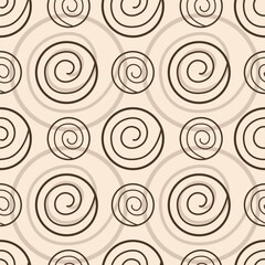 Abstract geometric pattern with spiral circles in Scandinavian style, seamless. Dark shapes on beige background, textile.