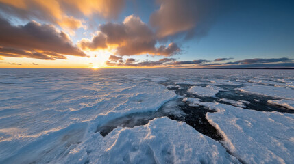 Fototapeta premium An enchanting scene of an icy expanse under a sunset sky filled with spectacular clouds, highlighting the contrasting textures of ice and snow in a magical winter setting.
