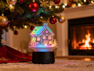 Holographic Christmas house under Christmas tree 