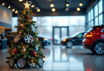 Automotive holiday display A Christmas tree with rims in a showroom