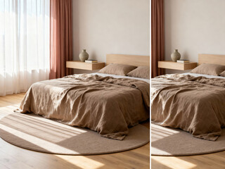 Cozy modern bedroom with natural light and earthy tones