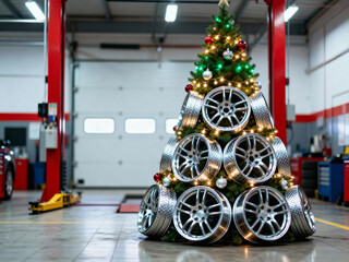 Unique Christmas tree made of car rims in a workshop