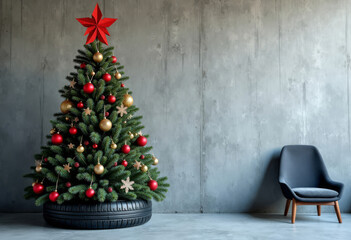 Modern Christmas Tree with tire base near concrete wall. Text space