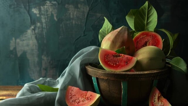 Fruit bowl filled with vibrant, ripe fruits including pomegranates and persimmons on wooden table with blue cloth. Close-up .