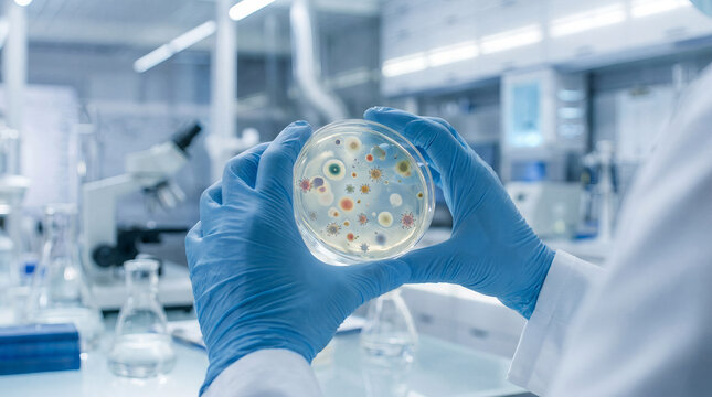 Scientist Holding Petri Dish with Virus and Bacteria Cells