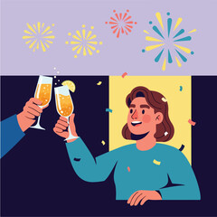 Festive Celebration with Champagne Toast and Fireworks Display.