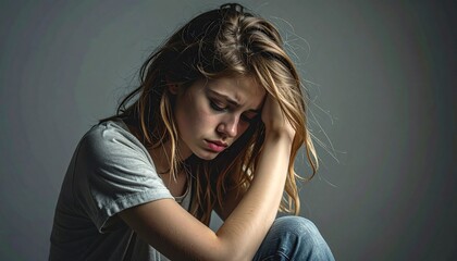 Portrait of a young woman looking down with a pensive expression, her head resting on her hand