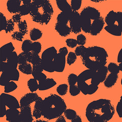 Seamless abstract vector pattern with hand-drawn organic shapes in black. Modern orange artistic background suitable for textiles, apparel design, packaging, and wallpaper
