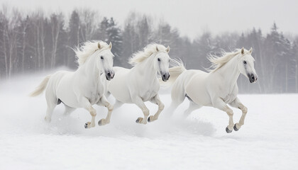 Fototapeta premium With the wind catching their flowing manes, three white horses dash through a snowy expanse beneath a dramatic, cloud-filled sky, evoking feelings of freedom and power