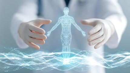 Doctor hands protecting glowing human anatomy hologram with digital waves image