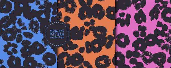 A set of seamless abstract vector patterns featuring hand-drawn organic shapes in black. Modern artistic backgrounds suitable for textiles, apparel design, packaging, and wallpaper