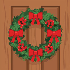 Festive Christmas Wreath Adorning a Wooden Door.