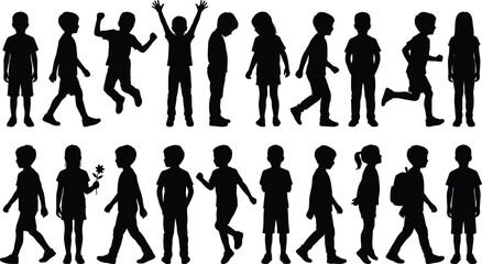 Children silhouette set showing boys and girls walking jumping running and standing black vector illustration for education design use projects