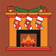 Festive Fireplace with Christmas Stockings and Holiday Decorations.