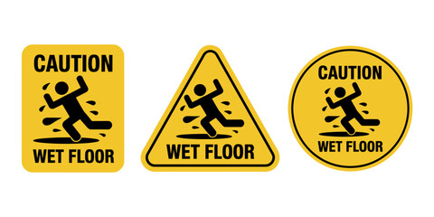 Obraz premium Collection of yellow wet floor caution signs in various shapes for safety awareness