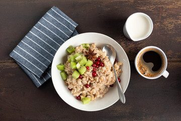 Oatmeal porridge with kiwi and cranberries in white ceramic bowl on wooden table, closeup view. Healthy breakfast meal rich in dietary fiber