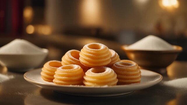 Delicious traditional mexican bunuelos dusted with powdered sugar on a plate, ready to be enjoyed.