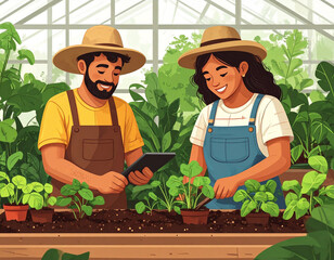 Illustration of horticulturists working in a greenhouse environment