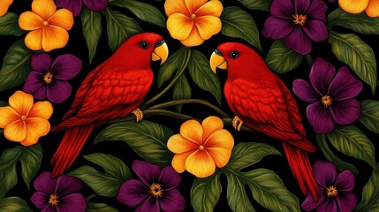 Two Red Parrots Perched Among Bright Yellow Hibiscus Flowers and Tropical Leaves
