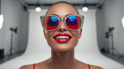 Modern fashion portrait of a confident woman wearing reflective sunglasses in a professional studio setup.