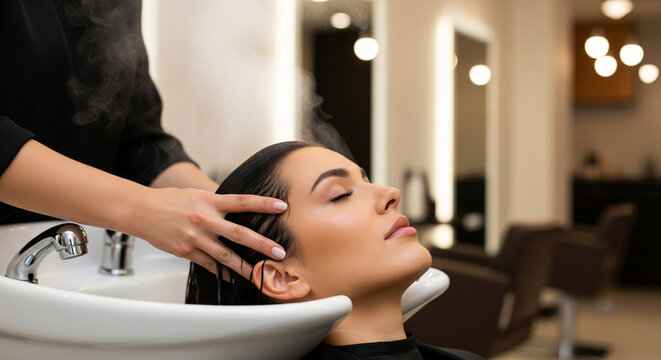 Female client enjoying hair washing in salon, professional hands massaging scalp, modern interior, soft lighting, beauty and hair care