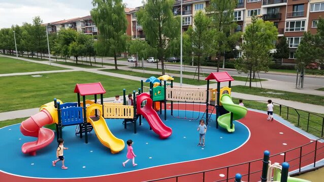 Children Playing on Colorful Playground Equipment in Urban Park