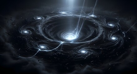 Dark cosmic vortex energy singularity black hole multiple spirals abstract science fiction deep space portal light