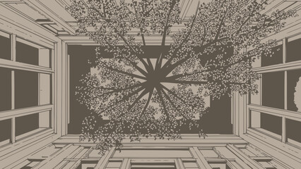View from below of a tree in a courtyard architectural perspective vintage illustration style