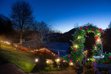 Wooden house illuminated at sunset