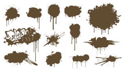 Collection of brown ink splatter and graffiti elements grunge design assets for urban art and distre