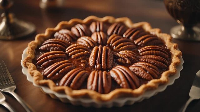 Delicious homemade pecan pie with flaky crust and whole pecans on a rustic table