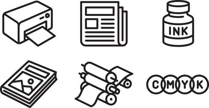 Printing industry icons set with printer newspaper ink bottle book print rolls CMYK circles