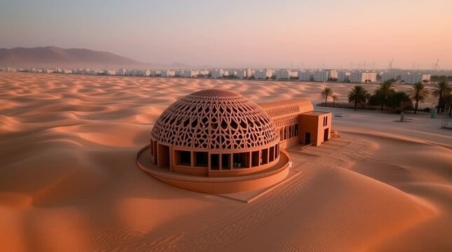 A post-apocalyptic landscape: a massive wind turbine and a futuristic building are almost completely buried beneath desert dunes. Concept: climate change, environmental disaster, abandonment