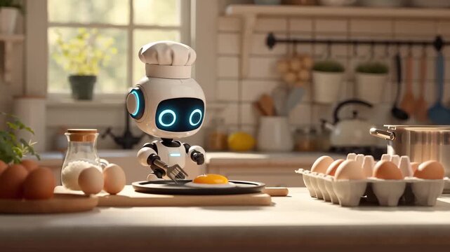 Cute humanoid robot chef frying an egg in a cozy kitchen filled with eggs and cooking tools, symbolizing AI in everyday life, smart homes, and future cooking