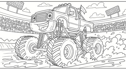Obraz premium Cartoon Monster Truck Racing on Mud Track with Exaggerated Suspension and Joyful Expression against Stadium Crowd in Monochrome