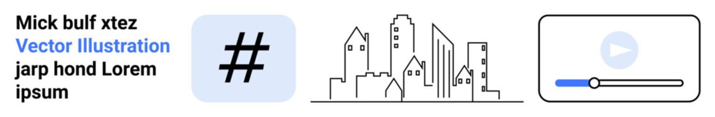 Fototapeta premium Stylized metadata tag symbol, linear city skyline, and a multimedia playback interface. Ideal for social media, technology, urban planning, video content, online education, graphic design simple