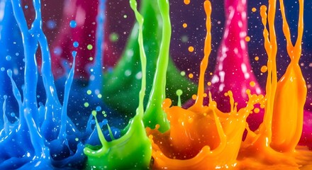 Vibrant liquid paint splashes frozen in motion blue green orange magenta high speed photography abstract art background